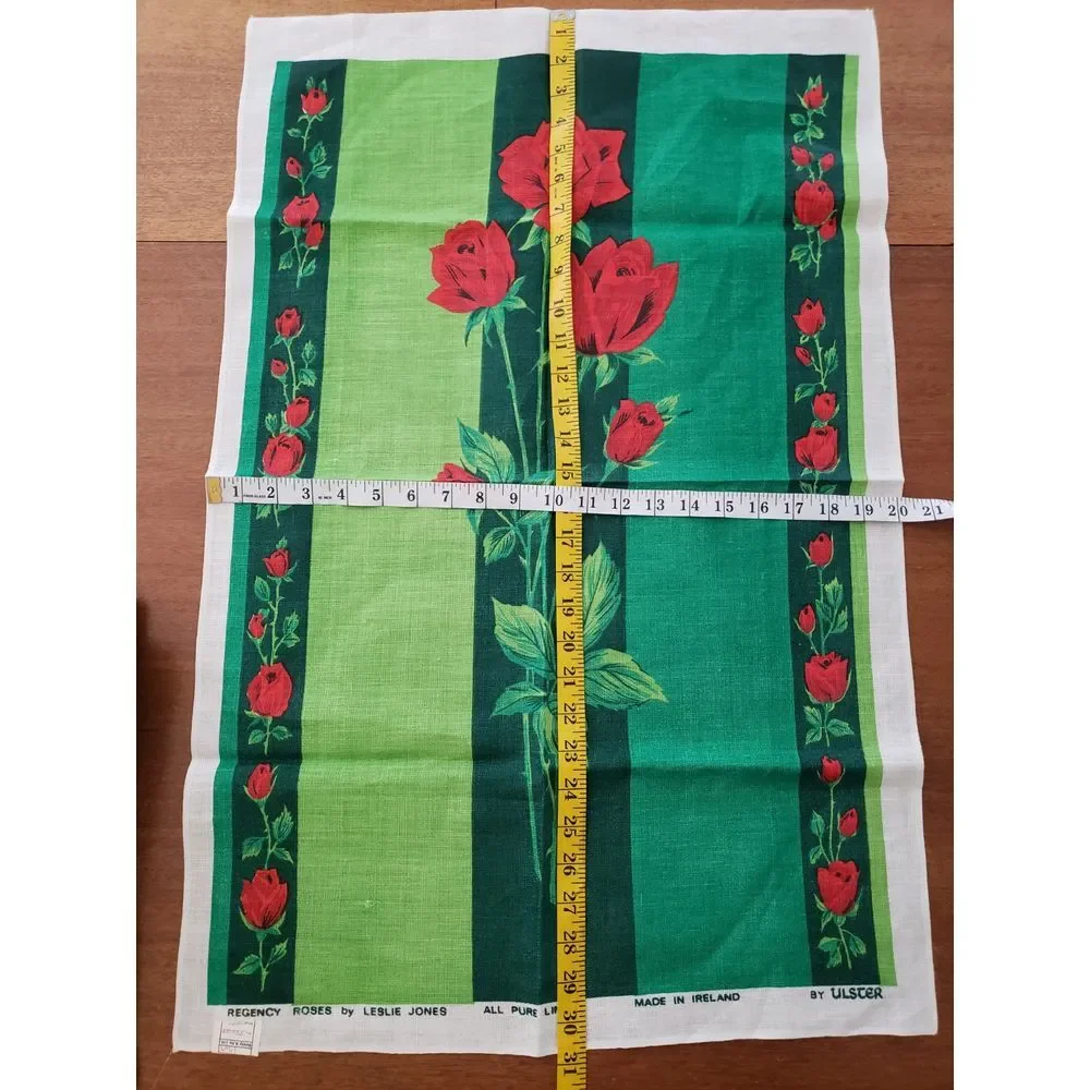 Vtg Ulster Linen Tea Towel‎ Regency Roses Made In Ireland Leslie Jones Red Green